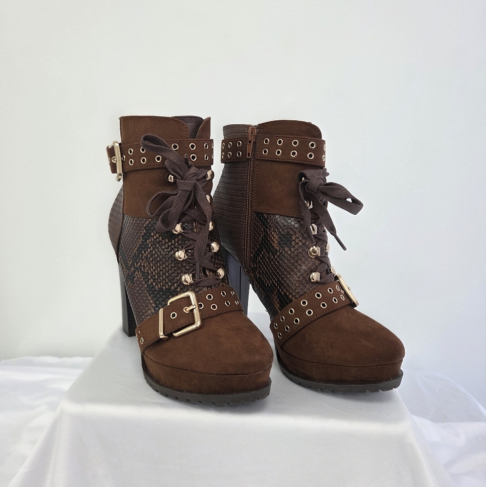 Brown Suede Ankle Boots with Snake Print